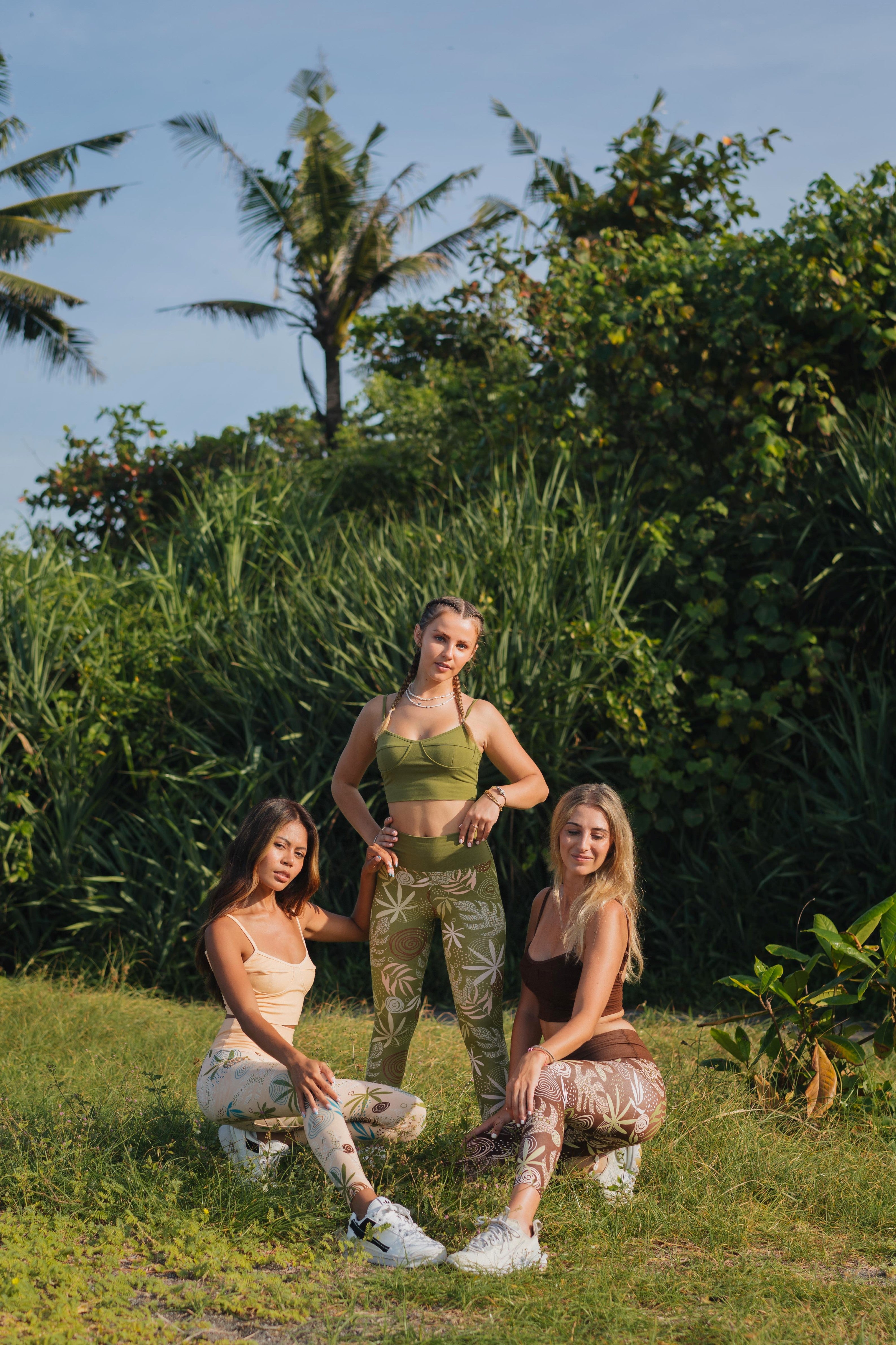 balinese leggings, one peach, one brown and one olive green